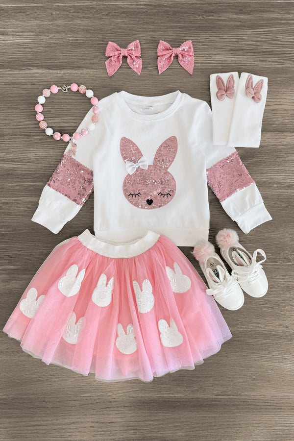 White & Pink Sequin Bunny Top - Sparkle in Pink