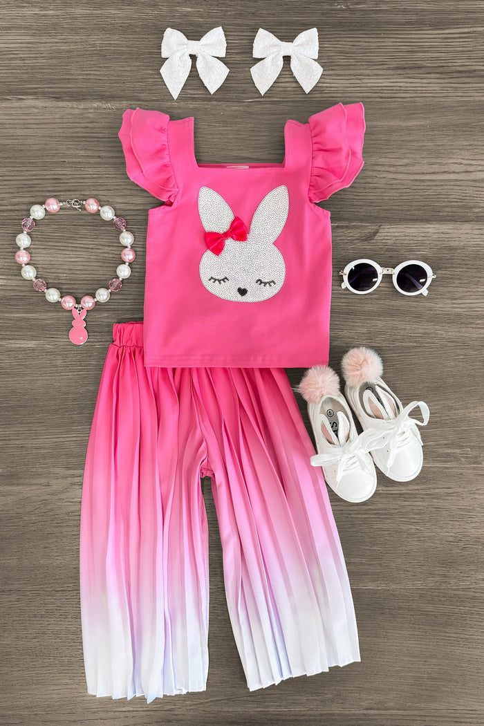 Pink Ombre Bunny Pant Set - 3XS-6-12 Months - Pink ombre toddler pant set with ruffled sleeve bunny top, white bow clips, pink bead bracelet, white sandals, and round.