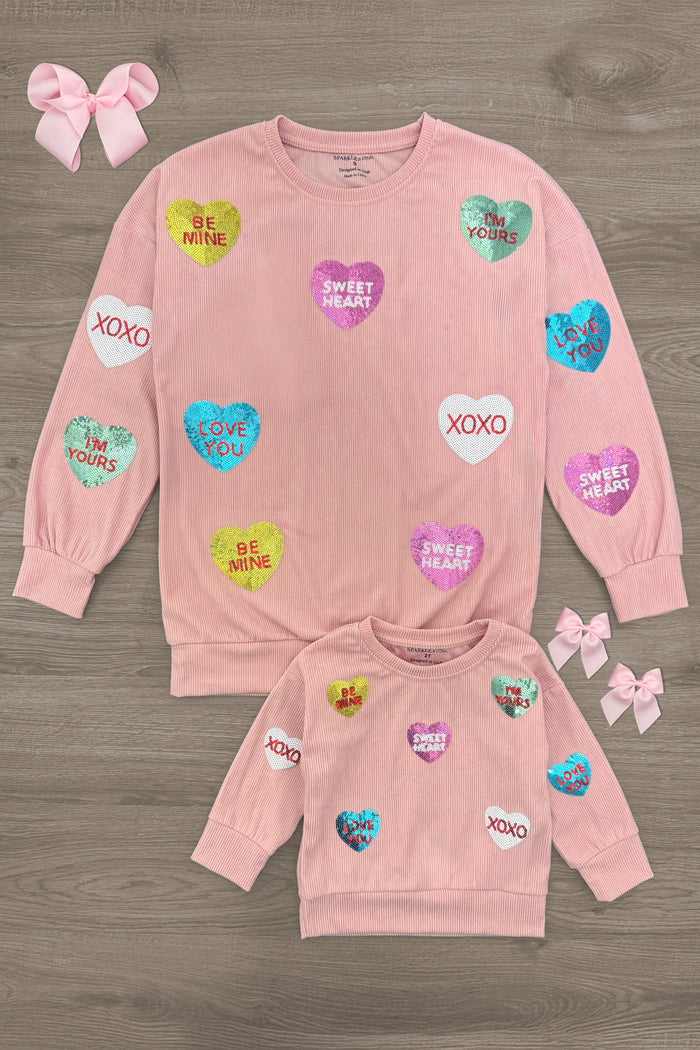 Mom & Me - Pink Corduroy Sequin Heart Top - CHILD-6-12 Months - Pink corduroy long-sleeve tops with colorful sequin heart patterns, adult and toddler sizes shown.