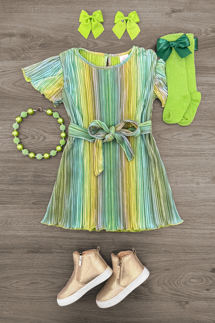 Green Metallic Glitter Dress - 6-12 Months - Green metallic glitter dress with puff sleeves and twin front bows, paired with matching green tights, two green bow hair.