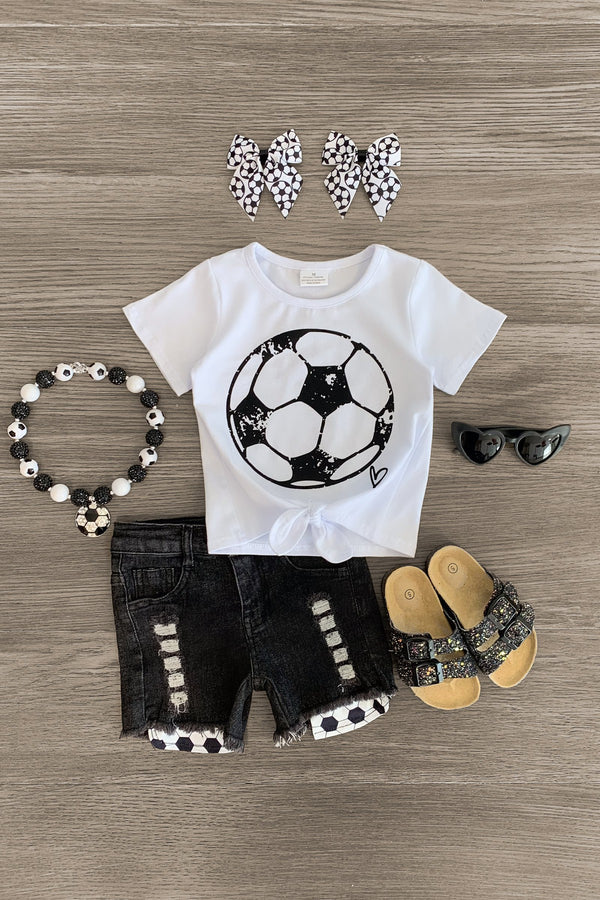 White Soccer Denim Short Set - Sparkle in Pink