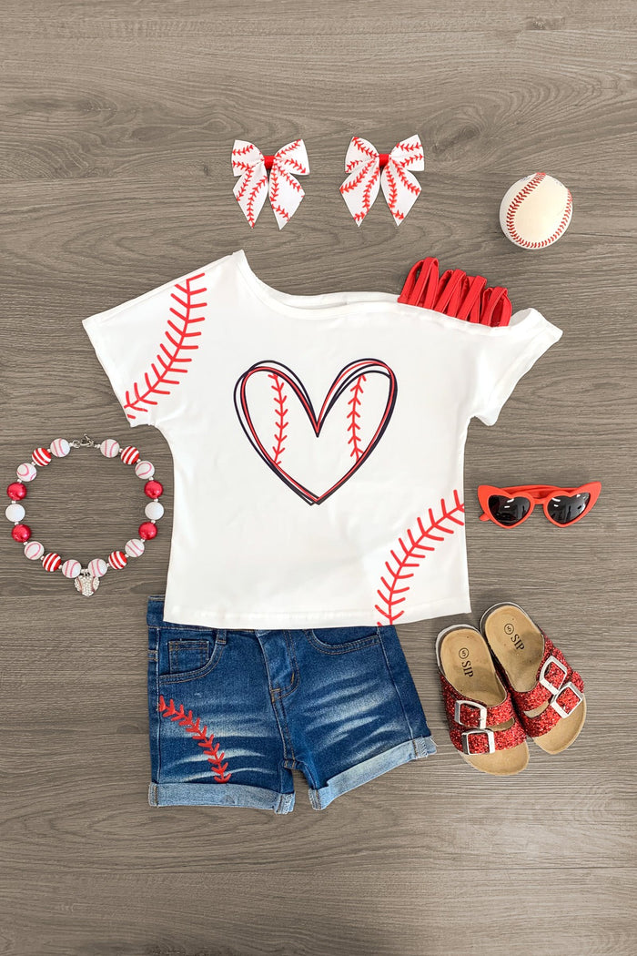 White Baseball Heart Denim Short Set - 3XS-6-12 Months - White short-sleeve shirt with red baseball heart and stitch details paired with denim shorts featuring red baseball.