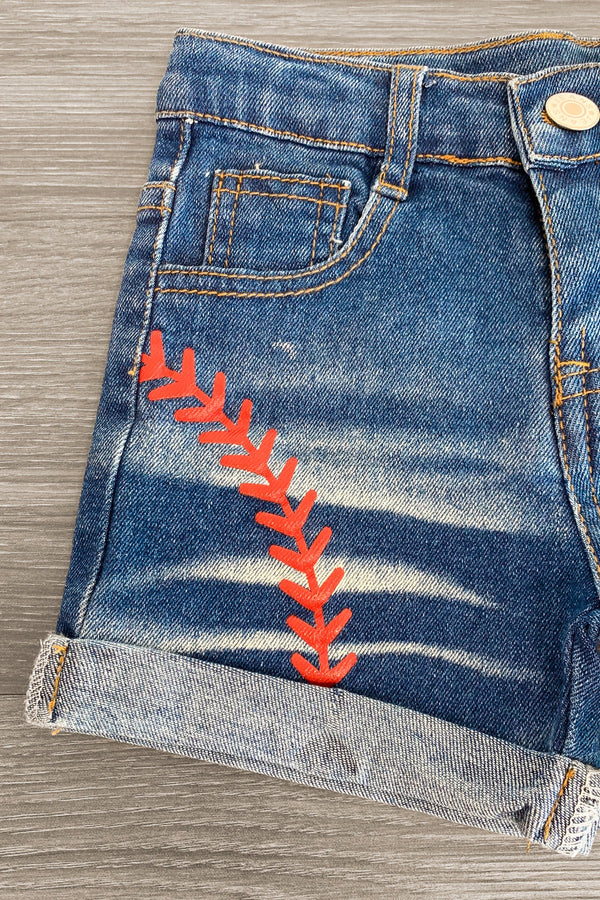 White Baseball Heart Denim Short Set - Sparkle in Pink
