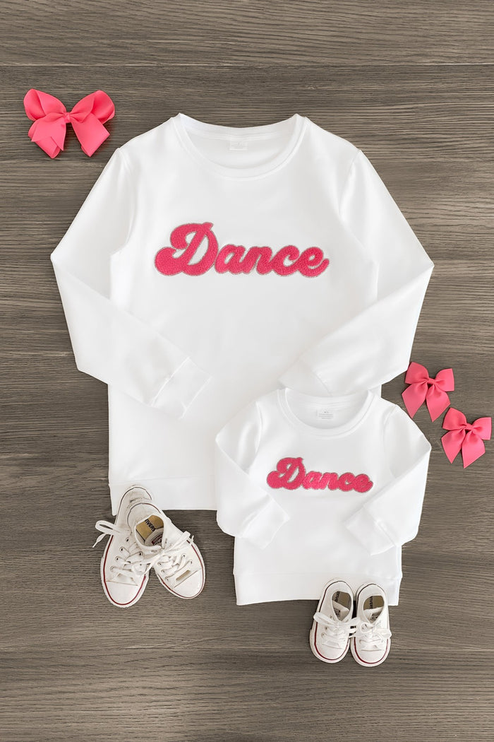 Mom & Me - "Dance" Chenille Patch Long Sleeve Top - CHILD-3XS-6-12 Months - White long sleeve tops for mom and child with pink chenille "Dance" text, paired with matching pink bows and white sneakers.