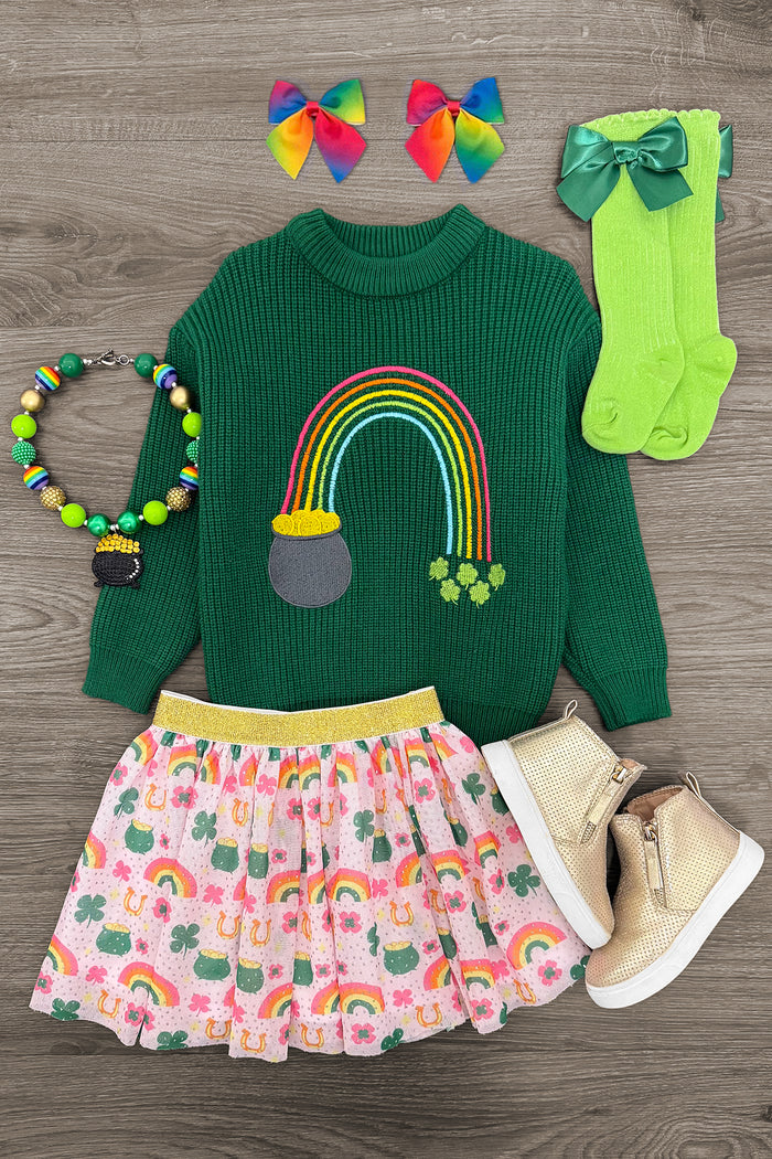 Lucky Rainbow Sweater Skirt Set - 6-12 Months - Green sweater with rainbow design, pink skirt with rainbows and hearts, green bow socks, rainbow bead necklace, and rainbow.