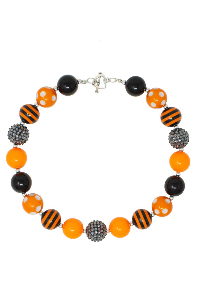 Black & Orange Rhinestone Bubblegum Necklace - Default Title - Black and orange bubblegum necklace with striped, polka dot, and rhinestone beads.