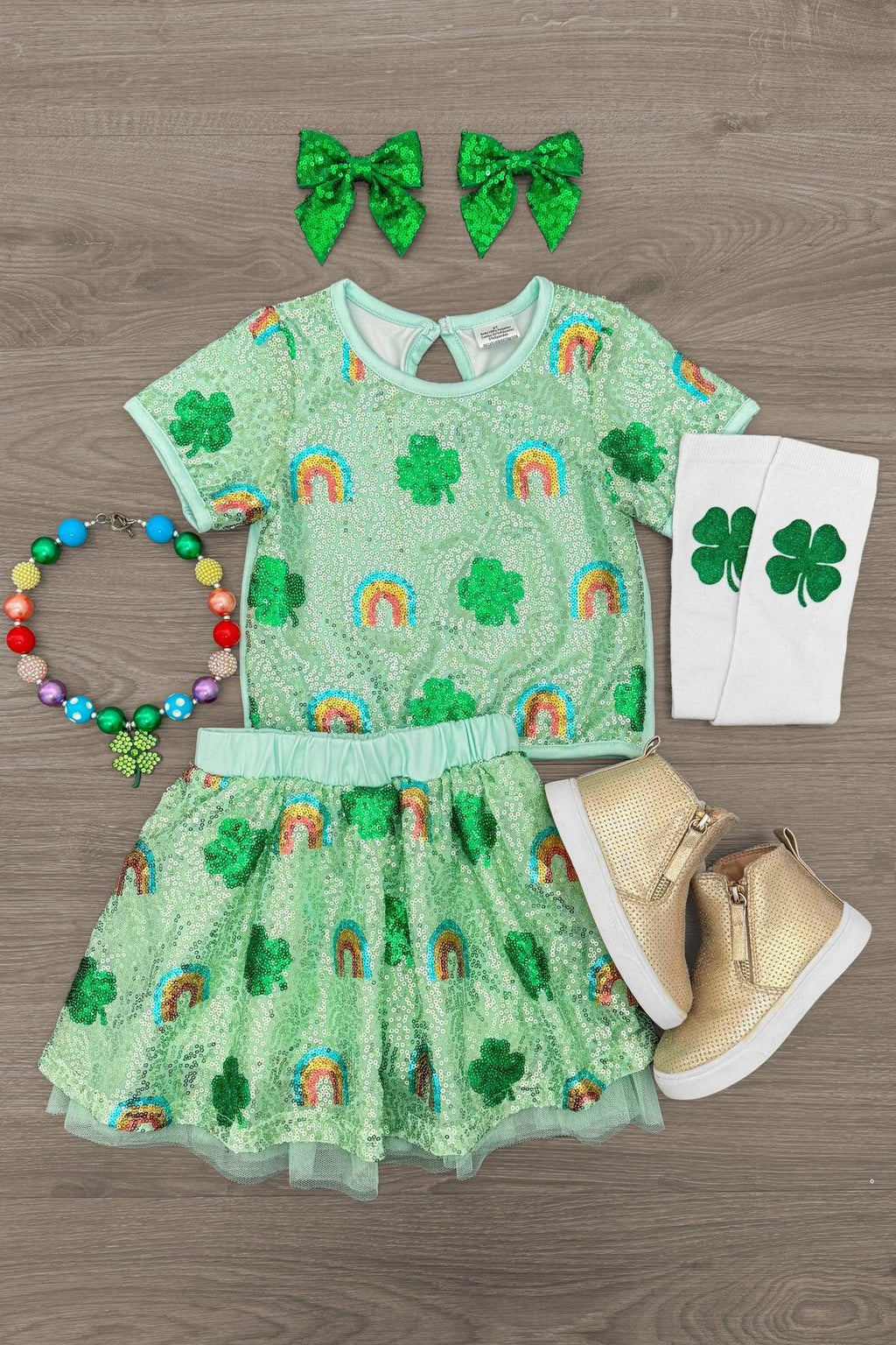 Rainbow & Shamrock Sequin Skirt Set | Sparkle in Pink