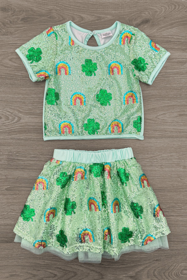 Rainbow & Shamrock Sequin Skirt Set | Sparkle in Pink