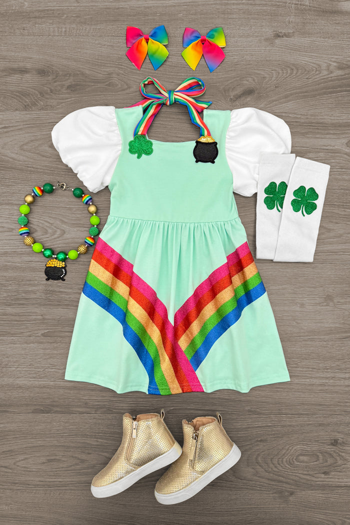 Magical Mint Rainbow Dress - 6-12 Months - Mint green dress with rainbow stripes, puffed white sleeves, rainbow bow back, shamrock socks, rainbow hair bows, beaded.