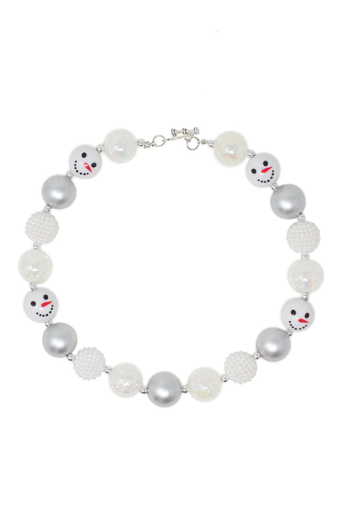 Silver Snowman Bubblegum Necklace - Default Title - Silver necklace with alternating pearl-like beads and white snowman faces with red smiles and black eyes.