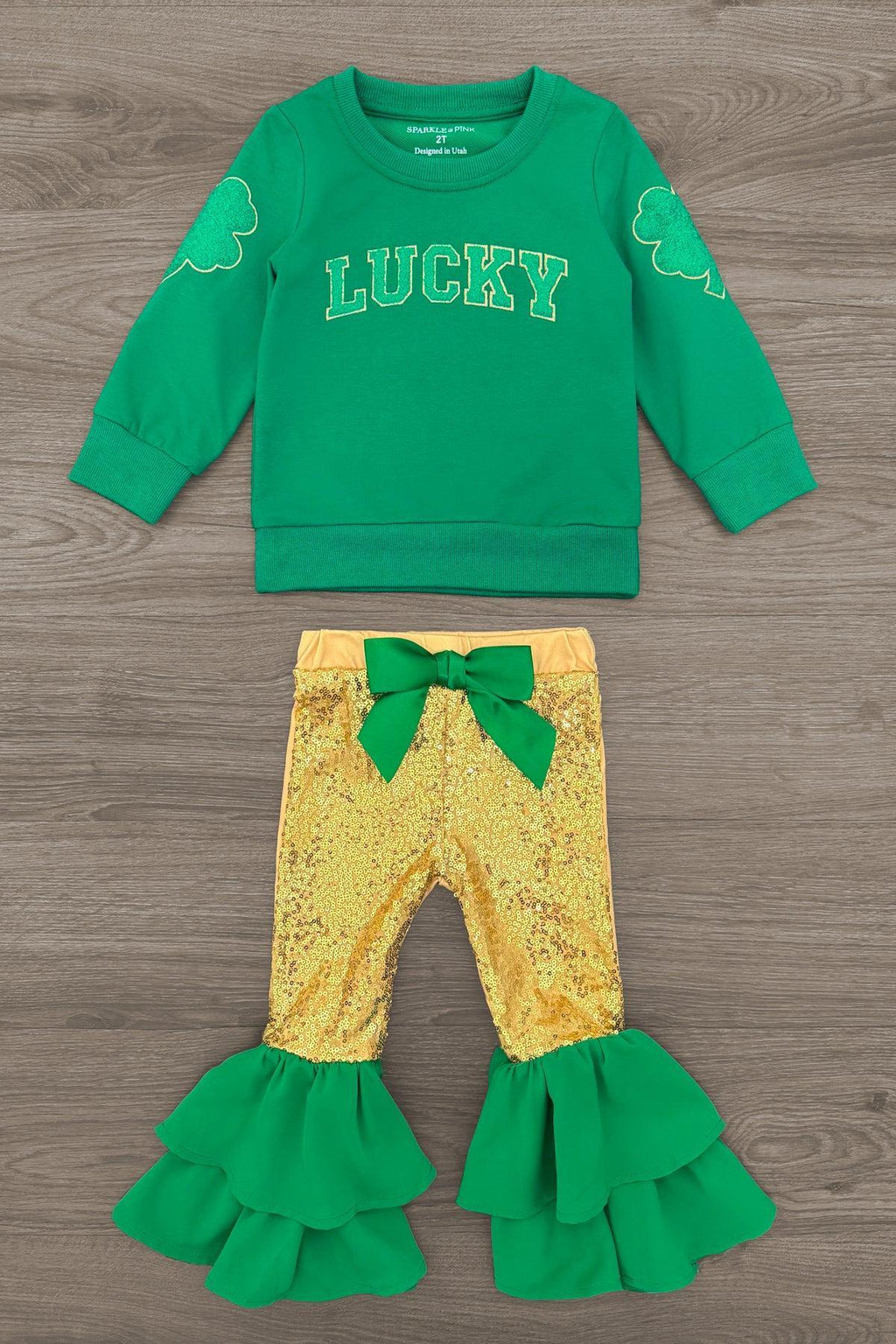 "Lucky" Gold Sequin Bell Bottom Set | Sparkle in Pink