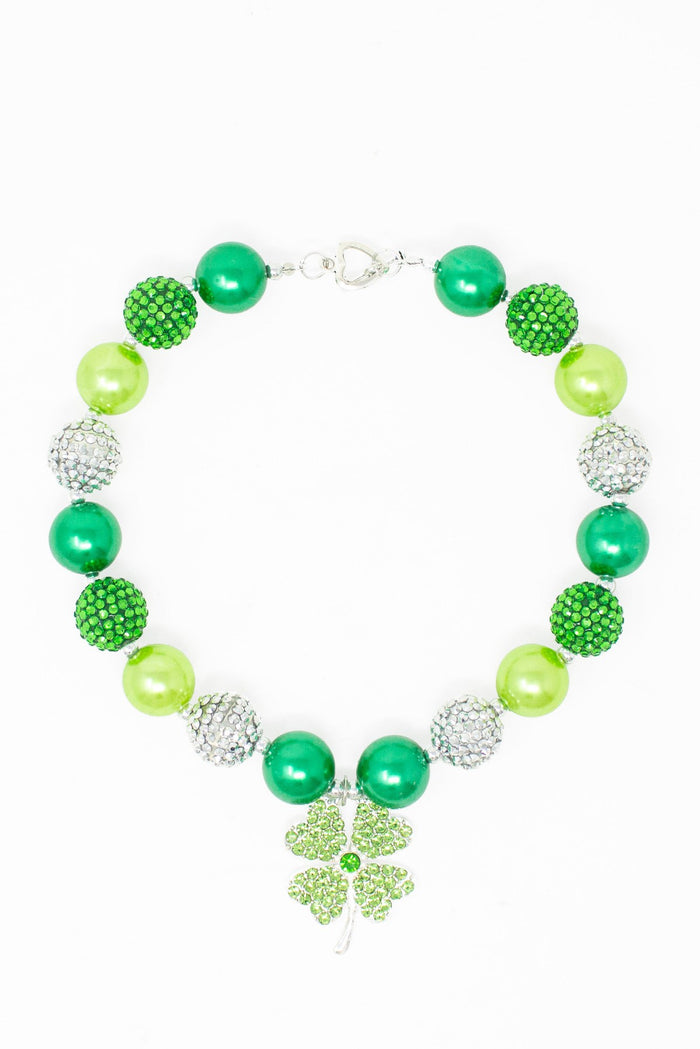 Four Leaf Clover Bubblegum Necklace - Default Title - Silver necklace with green and silver bubblegum beads and a four-leaf clover pendant embellished with green crystals.