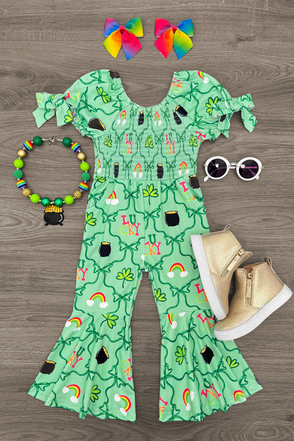 "Lucky" Green Bell Bottom Jumpsuit | Sparkle in Pink