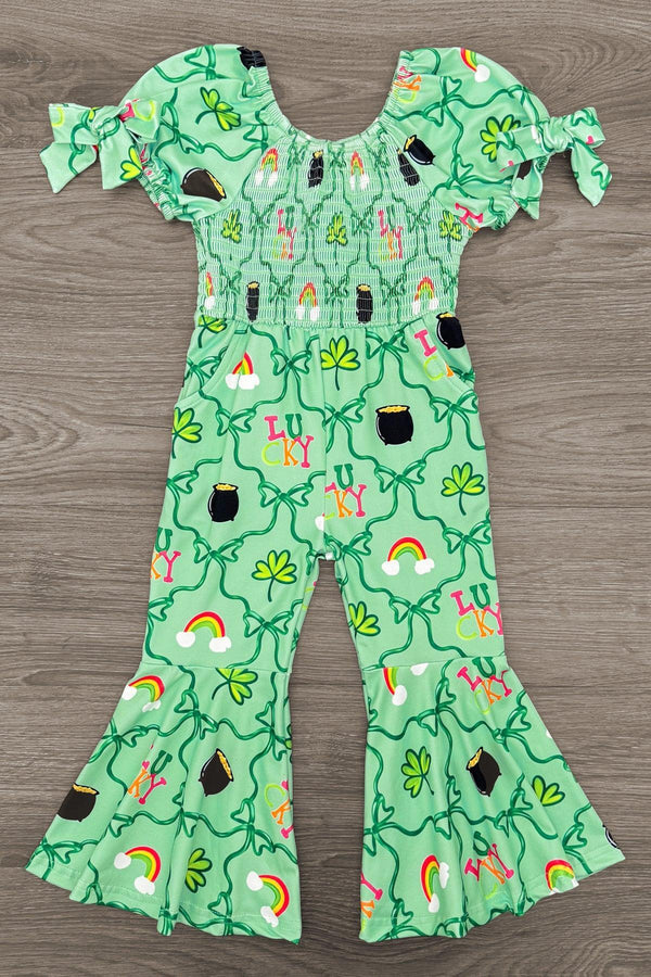 "Lucky" Green Bell Bottom Jumpsuit | Sparkle in Pink