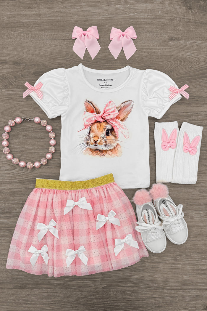 Bunny Bows Pink Glitter Skirt Set - 6-12 Months - Toddler pink glitter skirt with white bows, white bunny tee with pink bow ears, matching pink hair bows, butterfly socks,.