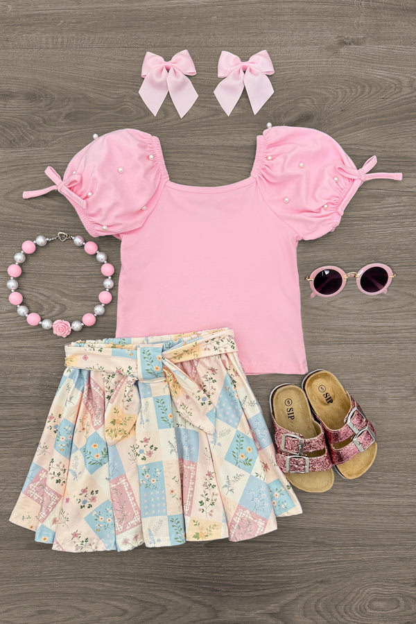 Pastel Floral Checkered Skirt Set | Sparkle in Pink