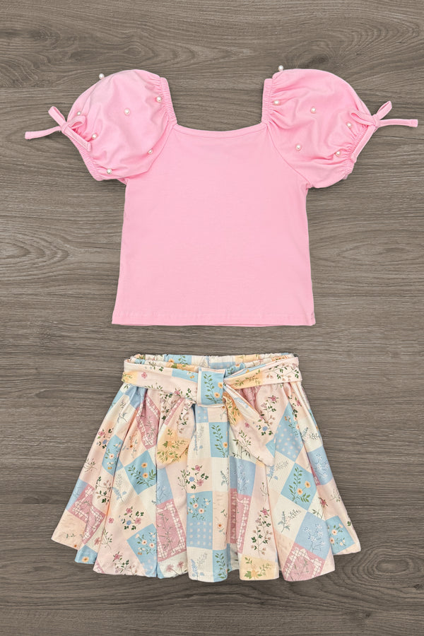 Pastel Floral Checkered Skirt Set | Sparkle in Pink