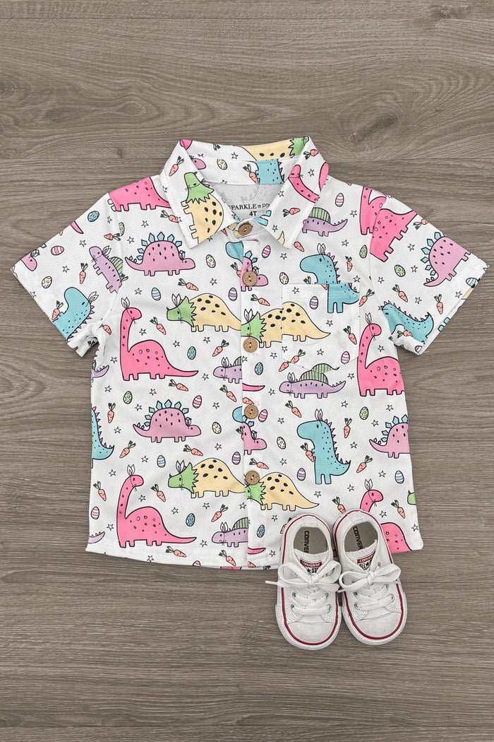 Pastel Dinosaur Button Down - 6-12 Months - White toddler button-down shirt with colorful pastel dinosaur print and short sleeves.