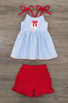Blue & Red Striped Baseball Short Set | Sparkle in Pink