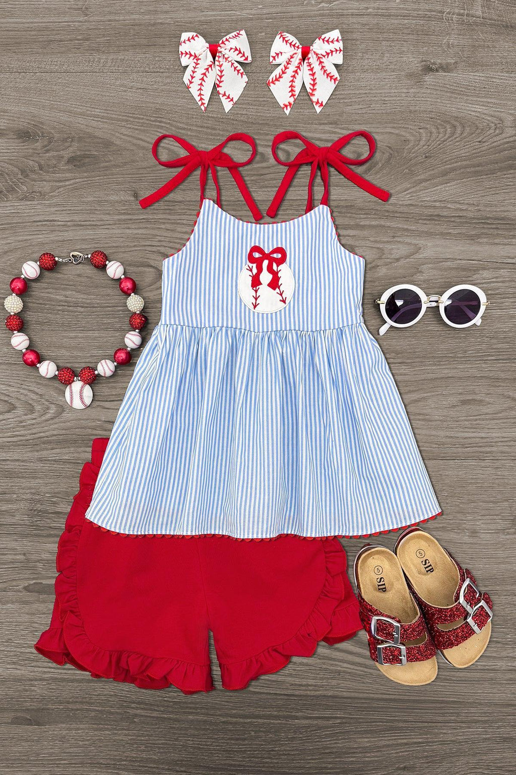 Blue & Red Striped Baseball Short Set | Sparkle in Pink