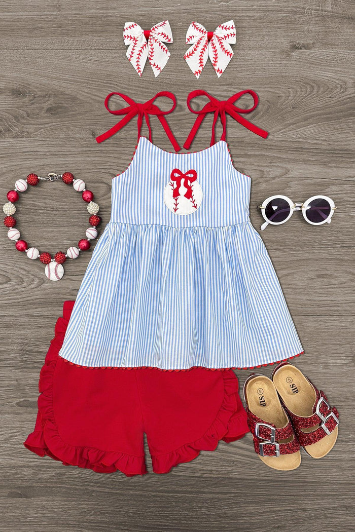 Blue & Red Striped Baseball Short Set - 6-12 Months - Blue and white striped sleeveless dress with red bow ties and matching red bloomers set with accessories.
