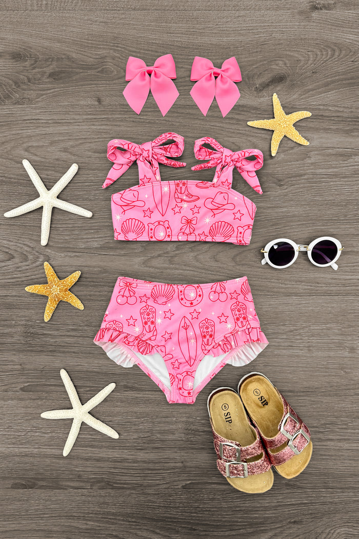 Pink Summer Cowgirl Bikini - 6-12 Months - Pink floral cowgirl bikini with bow-tied top and high-waisted bottoms, paired with matching pink hair bows, sunglasses, and.