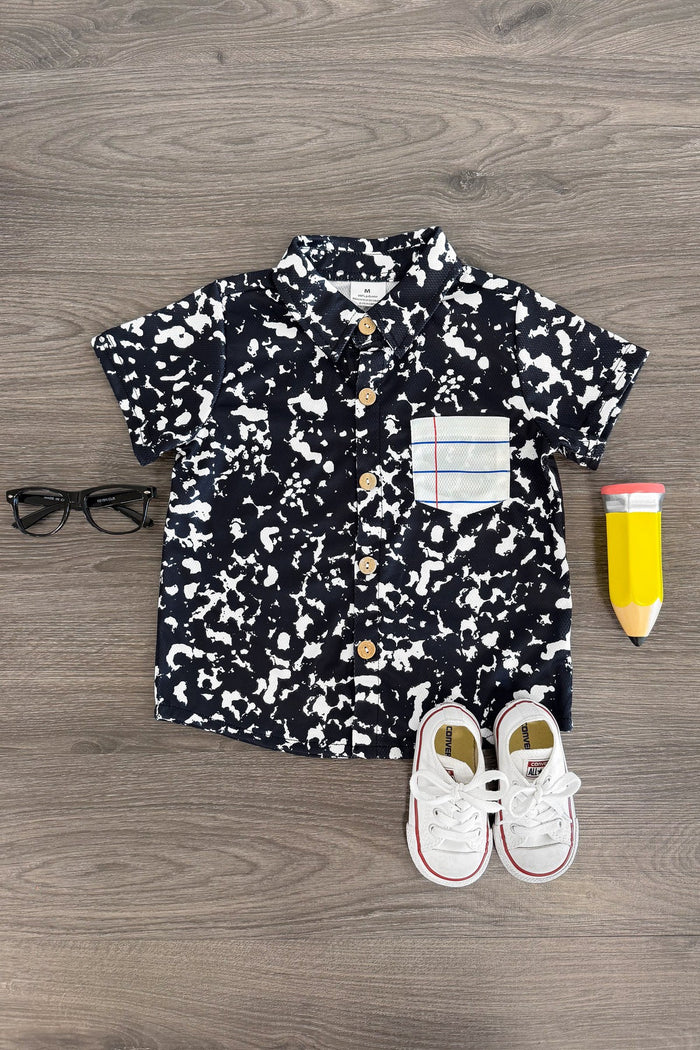 Composition Notebook Button Down Top - Small-3T - Black button-down toddler shirt with white abstract print and white plaid chest pocket.