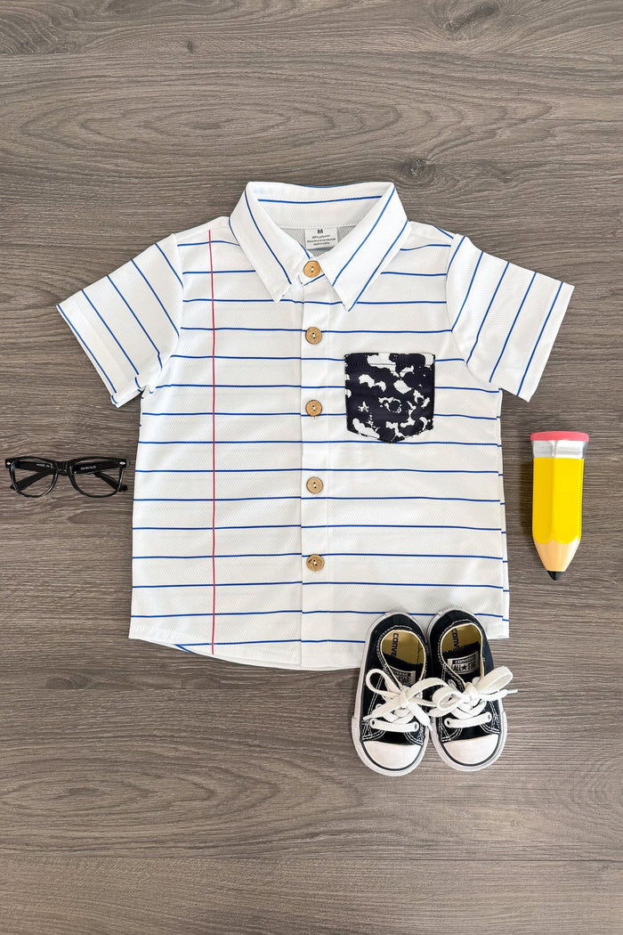 White Striped Notebook Button Down Top - Small-3T - White short-sleeve button-down shirt with thin navy stripes and navy floral chest pocket.