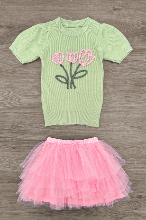 Green & Pink Tulip Tutu Skirt Set | Sparkle in Pink