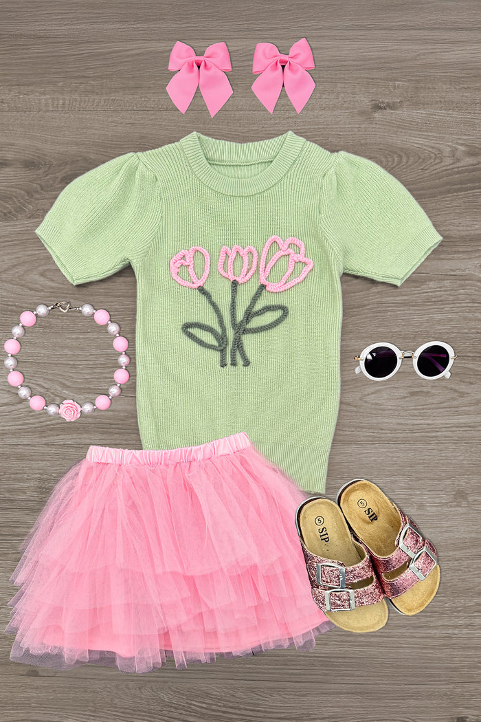 Green & Pink Tulip Tutu Skirt Set - 6-12 Months - Light green short-sleeve sweater with pink tulip embroidery, pink tulle tutu skirt, matching pink bows, beaded bracelet,.