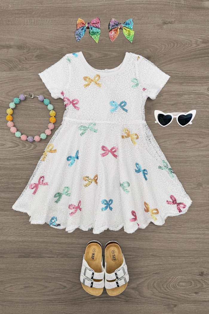 White Pastel Bow Sequin Dress - 6-12 Months - White dress with colorful sequin bows, short sleeves, and flared skirt for toddlers.