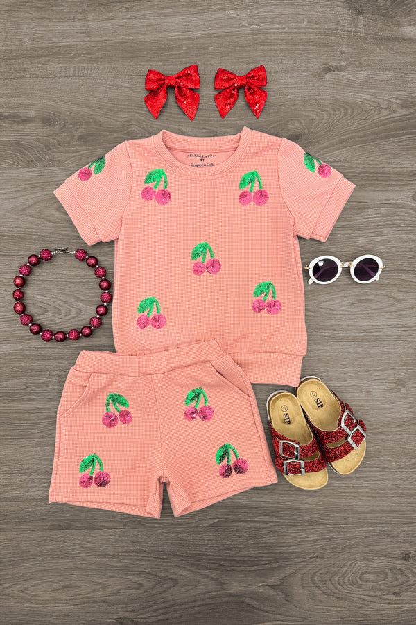 Pink Waffle Knit Cherry Short Set | Sparkle in Pink