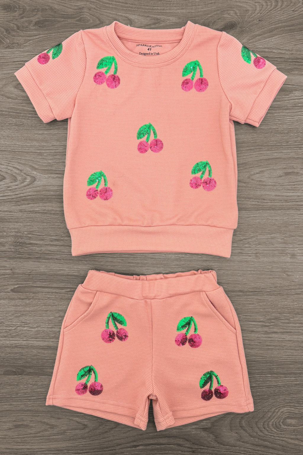 Pink Waffle Knit Cherry Short Set | Sparkle in Pink