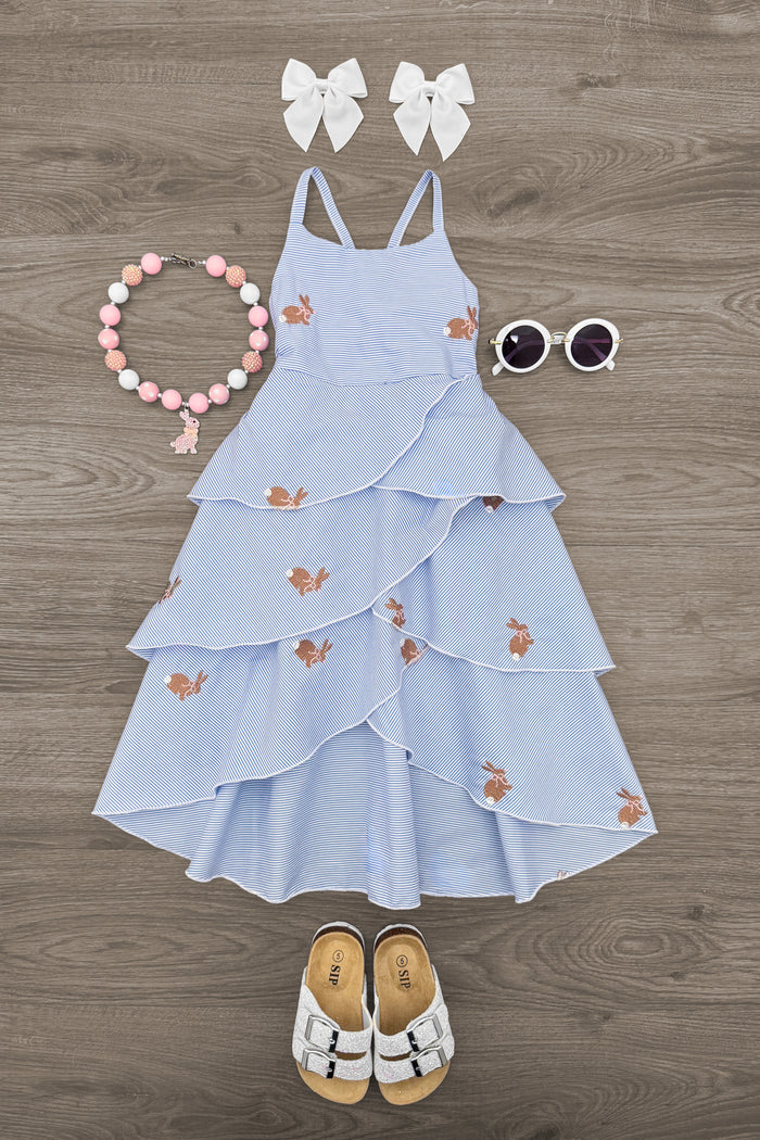 Blue Stripe Bunny Tank Dress - 6-12 Months - Light blue striped sleeveless dress with tiered ruffles and small brown bunny prints.