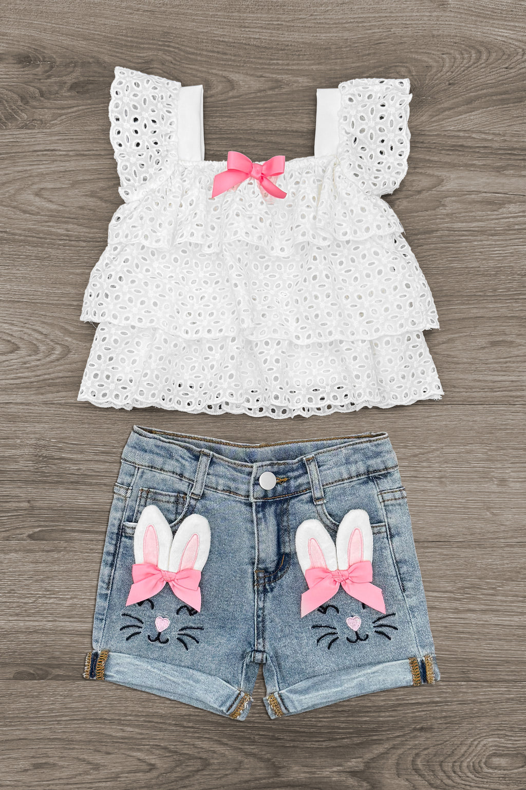 Bunny Bow Denim Short Set | Sparkle in Pink