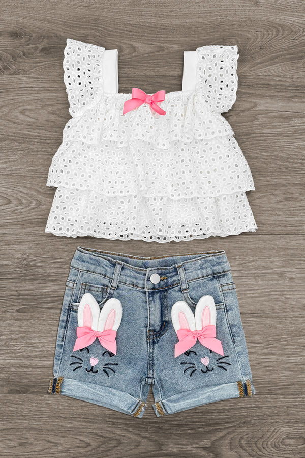 Bunny Bow Denim Short Set | Sparkle in Pink