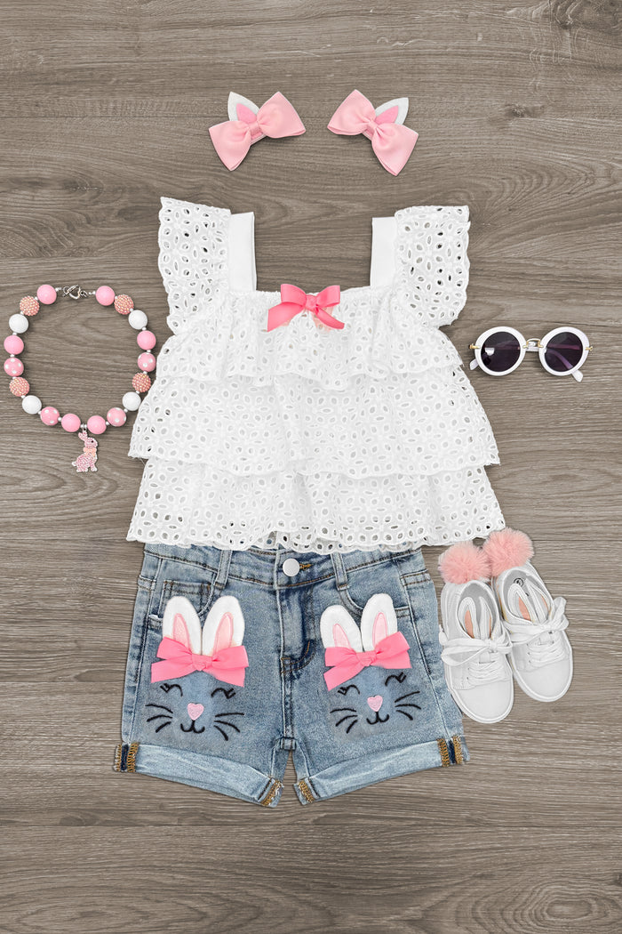 Bunny Bow Denim Short Set - 6-12 Months - White eyelet lace sleeveless top with pink bow, denim shorts with bunny faces and pink bows, matching pink bow headbands,.