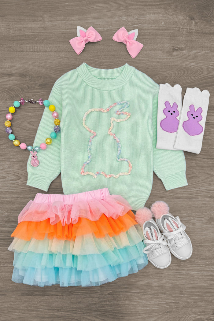 Mint Knit Bunny Tutu Skirt Set - 6-12 Months - Mint green knit sweater with outlined bunny, layered rainbow tutu skirt, pink bows, bunny socks, colorful beaded bracelet,.