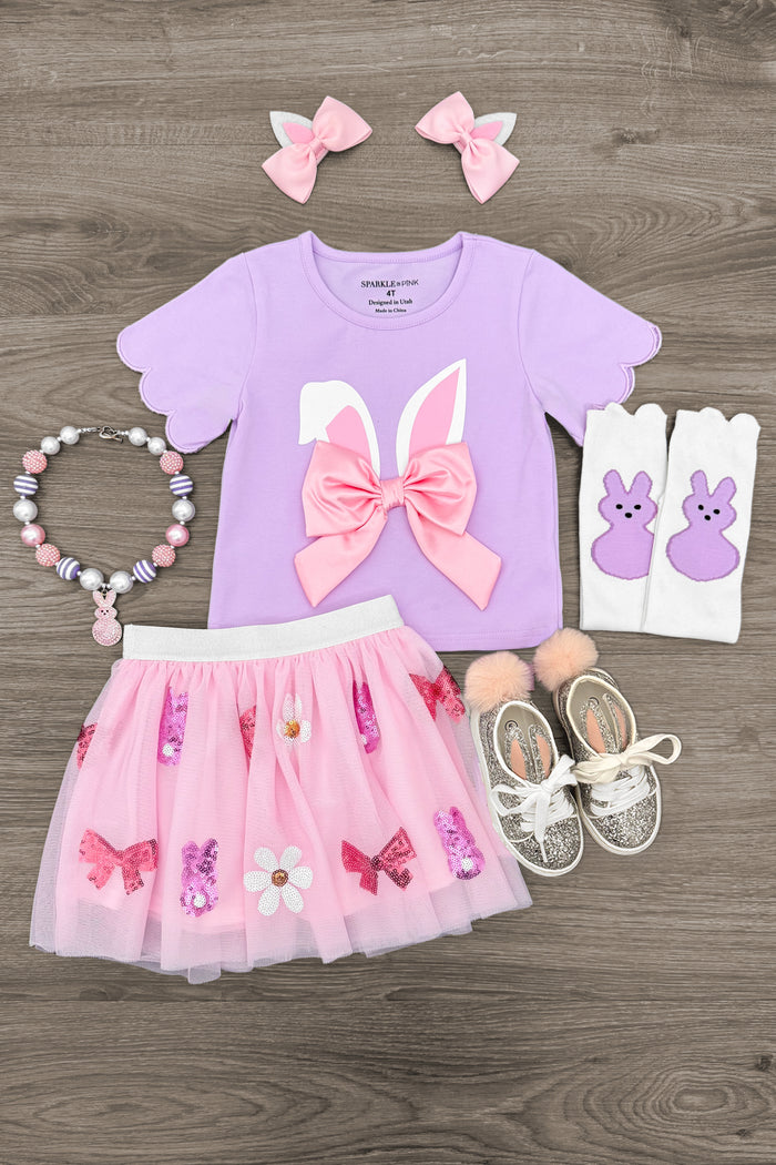 Lavender & Pink Bunny Skirt Set - 6-12 Months - Lavender short-sleeve shirt with bunny ears and pink bow, pink tulle skirt with butterfly and bunny patches, matching pink.