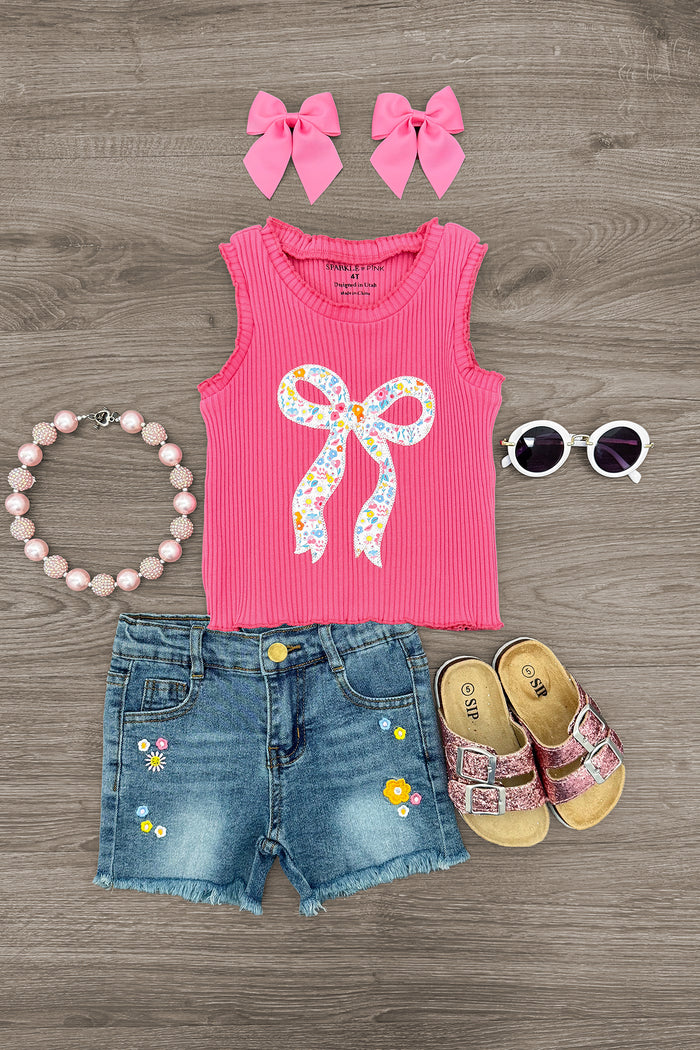 Hot Pink Floral Bow Denim Short Set - 6-12 Months - Hot pink sleeveless top with floral bow graphic, denim shorts with embroidered flowers, matching pink bow hair clips, pink.
