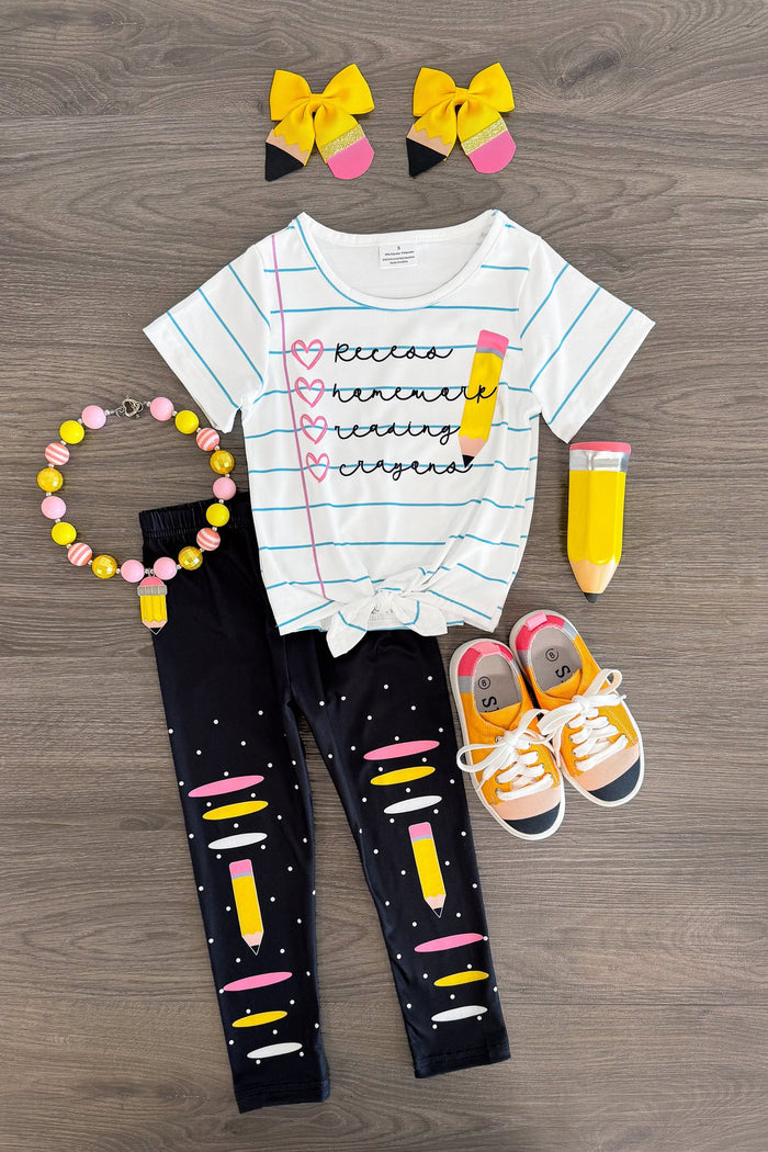 "Recess, Homework..." Legging Set - Small-3T - Kids black leggings with white and yellow pencil print paired with white striped tee and colorful beaded necklace set.