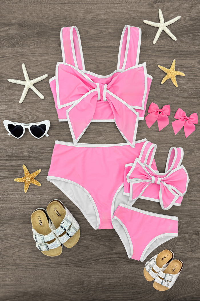 Mom & Me - Pink & White Bow Bikini - CHILD-6-12 Months - Matching pink and white bow bikinis for mom and child with high-waisted bottoms and shoulder straps.