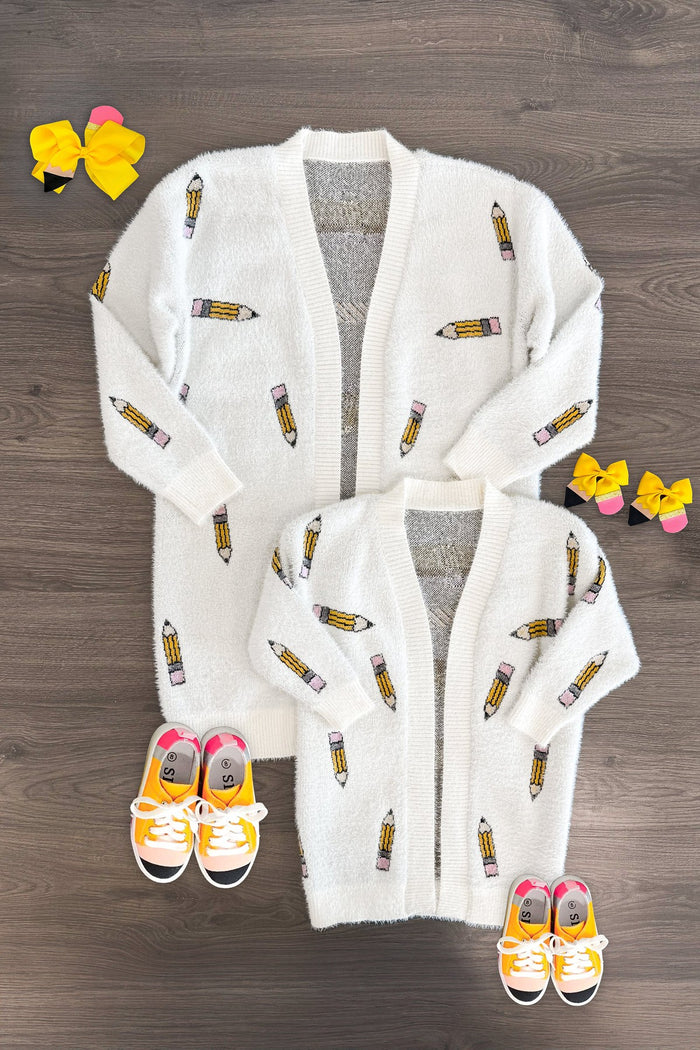 Mom & Me - White Pencil Cardigan - CHILD-2T - White knit pencil cardigans with colorful pencil embroidery on sleeves, paired with yellow sneakers for mom and child.