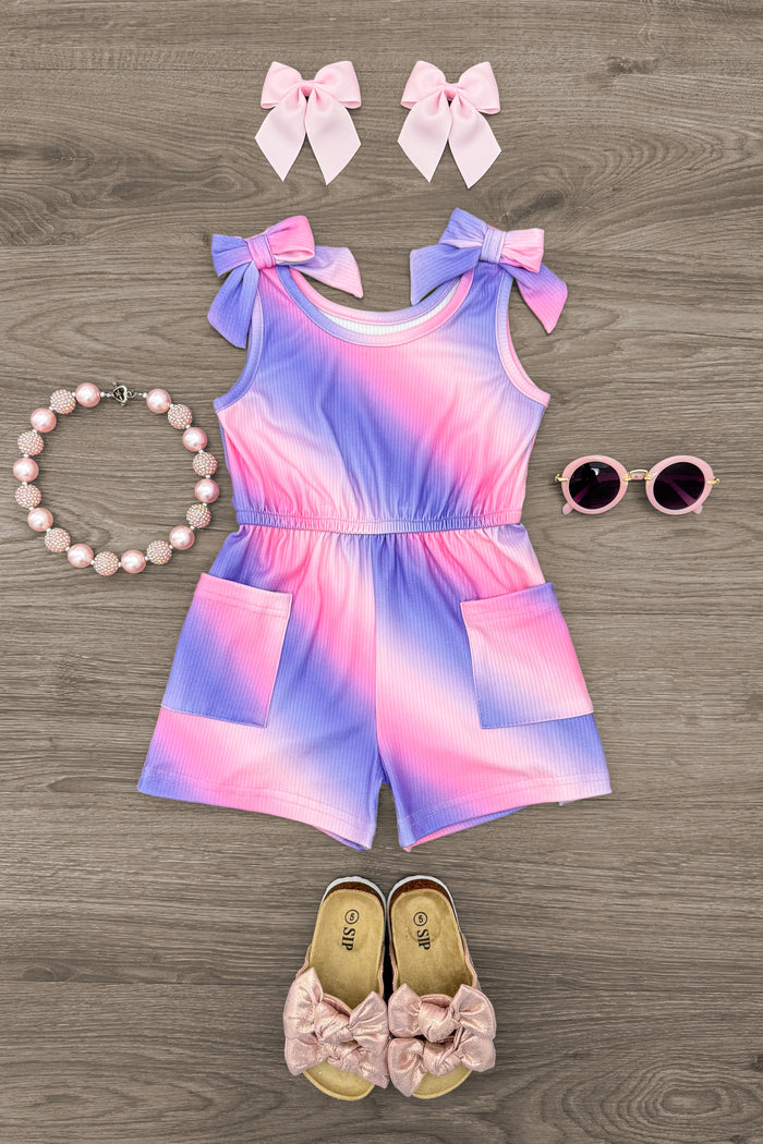 Pink & Purple Tie Dye Romper - 6-12 Months - Pink and purple tie dye sleeveless romper with side bows and elastic waist, paired with pink bow shoes, matching hair bows,.
