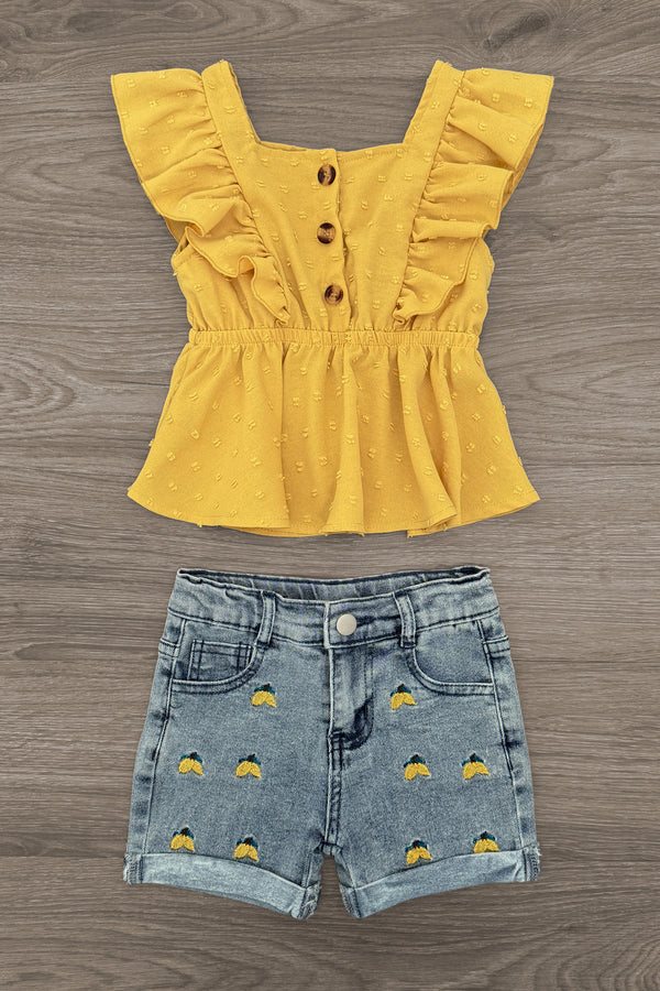 Yellow Lemon Denim Short Set | Sparkle in Pink