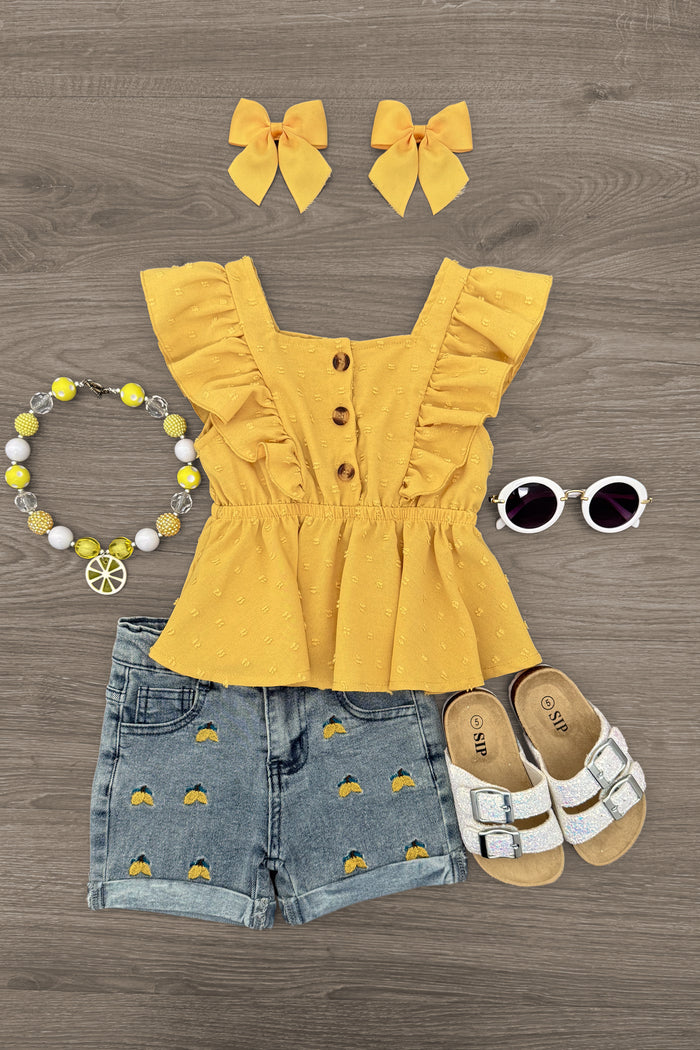 Yellow Lemon Denim Short Set - 6-12 Months - Yellow ruffle-sleeve button-front top with lemon-embroidered denim shorts, white sandals, lemon bead necklace, yellow bows,.