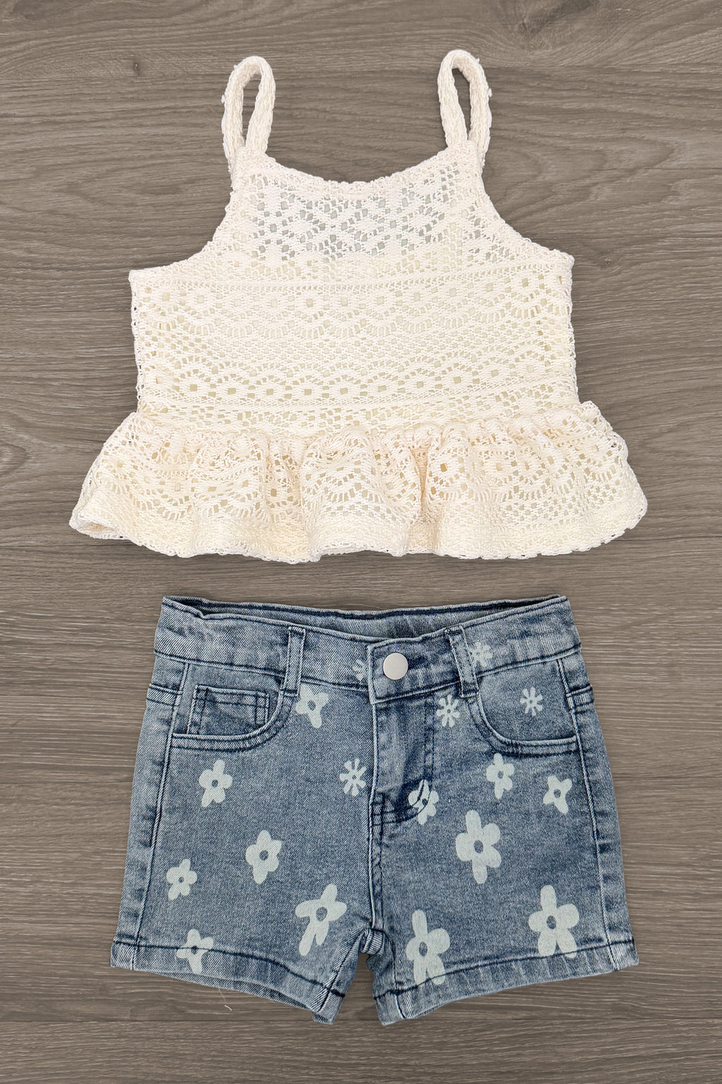 Crochet Lace Flower Denim Short Set | Sparkle in Pink