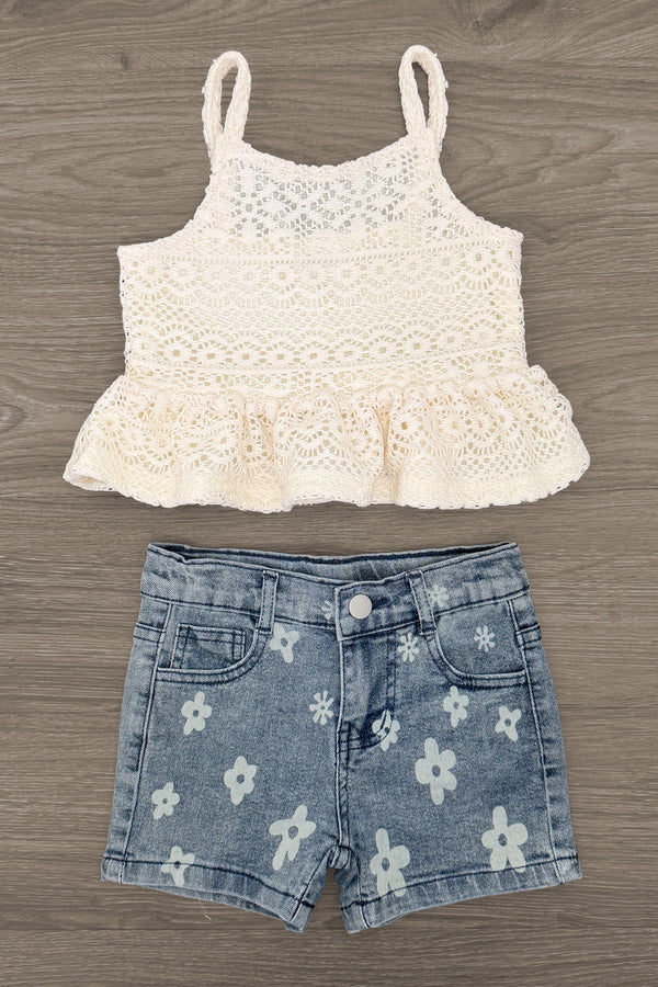 Crochet Lace Flower Denim Short Set | Sparkle in Pink