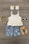 Crochet Lace Flower Denim Short Set | Sparkle in Pink