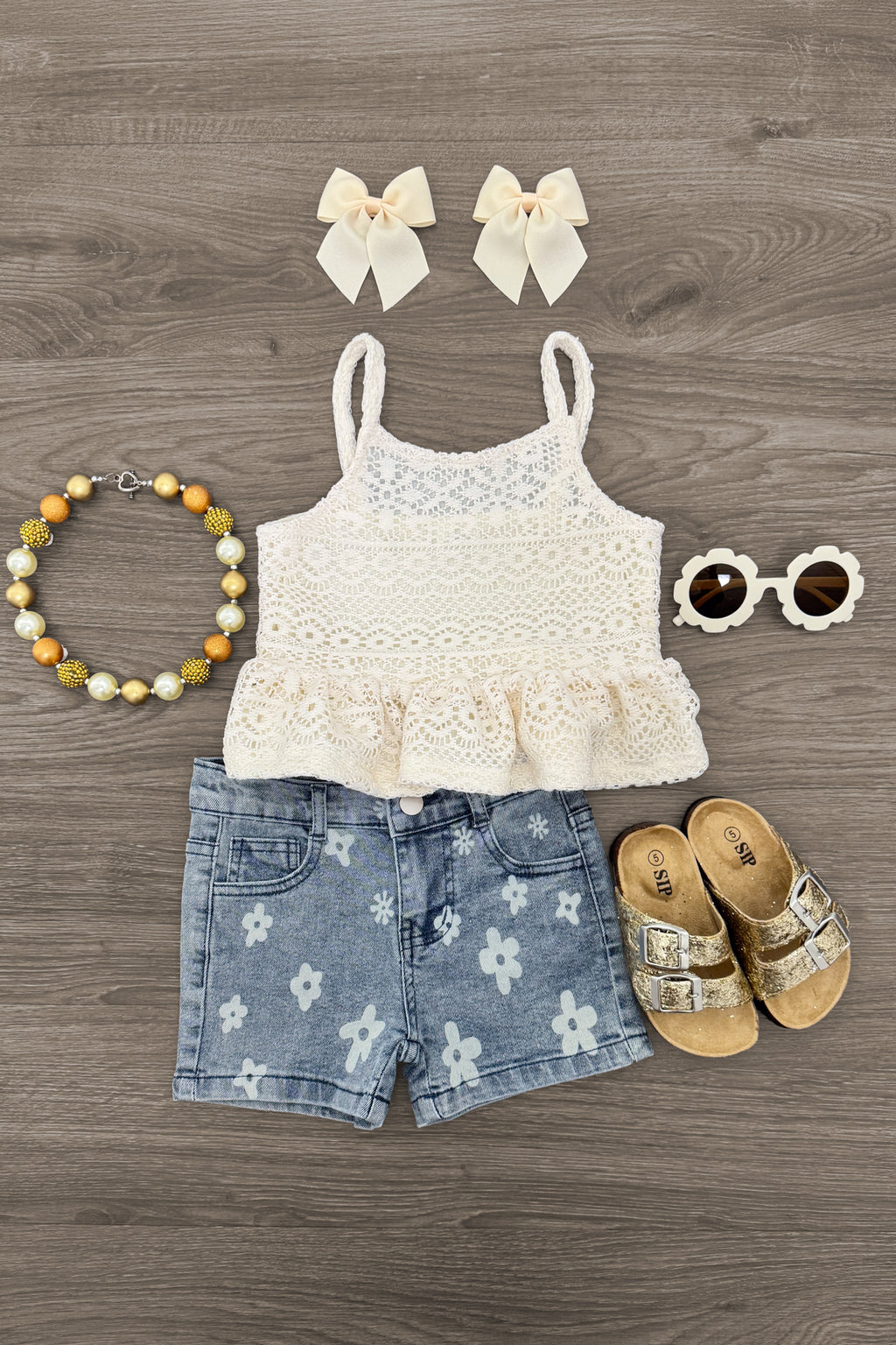 Crochet Lace Flower Denim Short Set | Sparkle in Pink